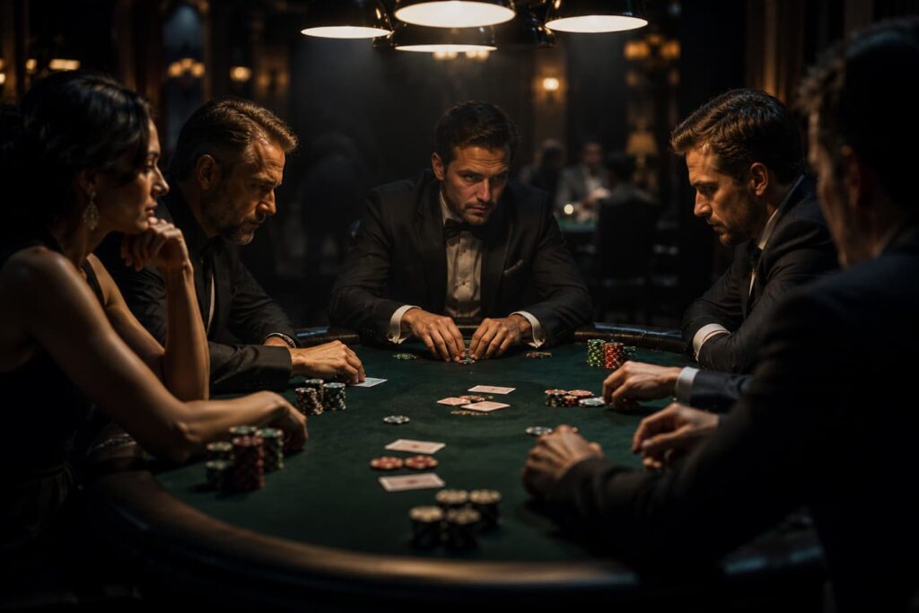Cinematic Masterpieces That Captured the Tension of the Poker Table – players competing in a high stakes casino poker game with cinematic tension, luxury casino atmosphere and professional card strategy