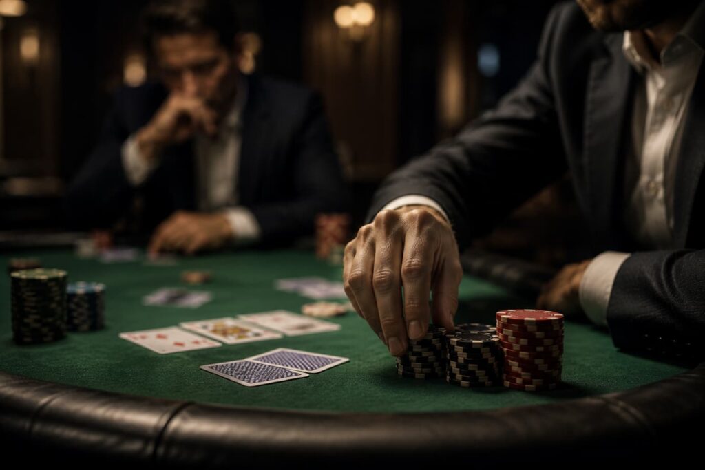 Spectacle at the High Stakes Table – close-up of poker chips, playing cards and a player making a move during a high stakes casino poker game with dramatic cinematic lighting
