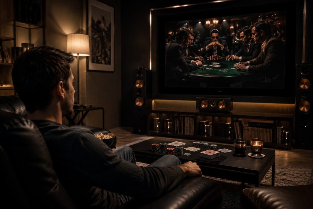Documentaries and the Real Face of Professional Poker – person watching a professional poker documentary at home with poker chips and playing cards reflecting the culture of casino poker